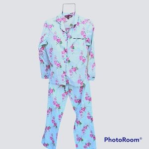 Betsy Johnson Intimates 2 piece Pant Pajama Set Green & Pink Roses Sz S